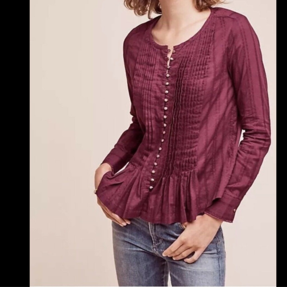 Maeve Gelise Button Pleated Pintuck Maroon Blouse - Picture 3 of 8